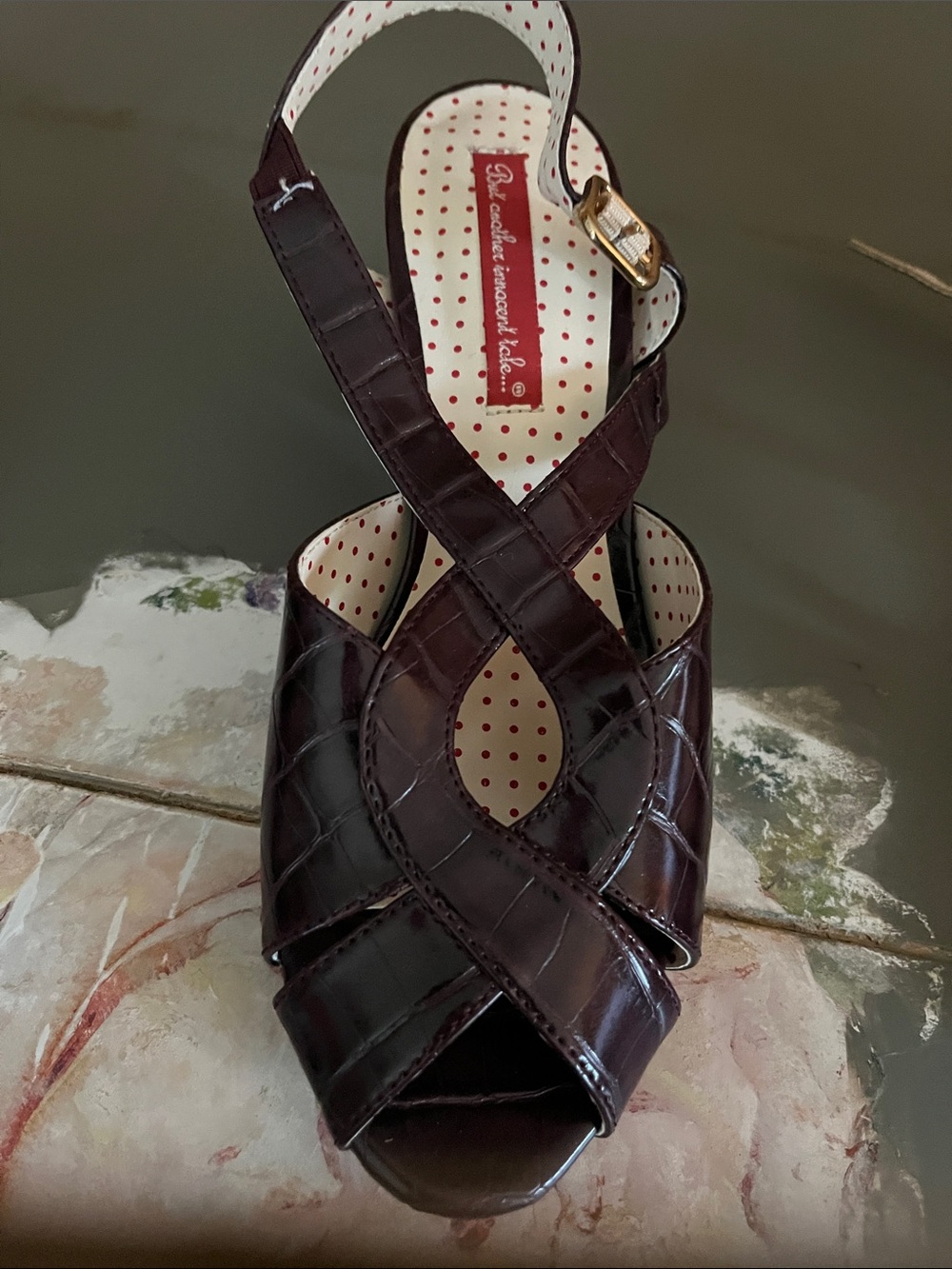 Patent Croc-Embossed Peep-Toe Slingback Heels in Dark Burgundy - Picture 5 of 11